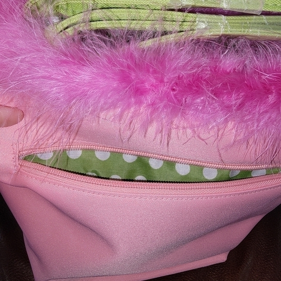 5/$13 Pink fuzzy boa accent around top Long strap Green & pink purse - Picture 3 of 16
